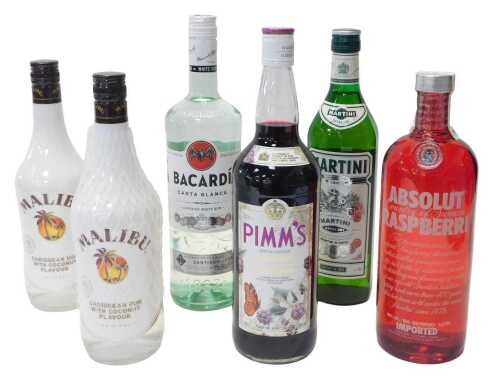 Alcohol, to include Malibu, Absolut raspberry vodka, Bacardi white rum, etc. (6)