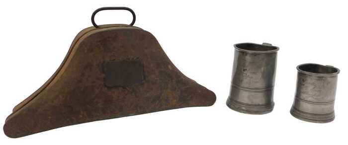 A Royal Navy bicorn hat storage case, bearing a name plaque for JW Hardcastle RN, together with...