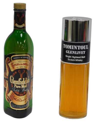 A bottle of Glenfiddich Pure Malt Scotch whisky, 75cl, together with a bottle of Tomintoul...