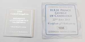 A Guernsey silver five pound coin, celebrating the Royal Birth of HRH Prince George of Cambridge,... - 3