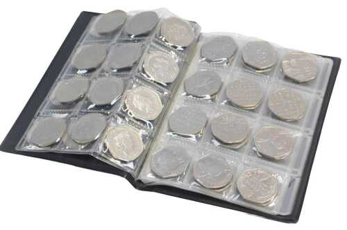 A World Coin stock album, containing forty seven Elizabeth II fifty pence coins, to include...