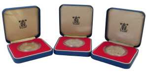 Three Royal Mint Elizabeth II 1977 silver proof commemorative crowns, boxed.