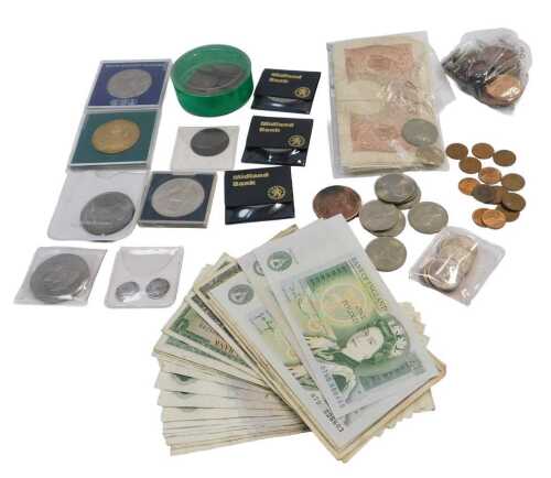 Coinage, to include copper pre decimal, commemorative crowns, a George V 1919 threepence,...
