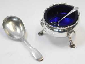 A George III silver open salt, of cauldron form, raised on three shell capped hoof feet, with a... - 2