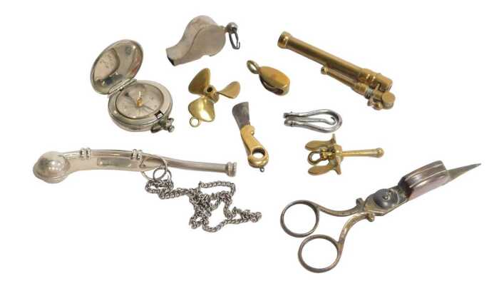 Bygones and collectables, to include a boat whistle, engraved John E White 1985, a miniature...