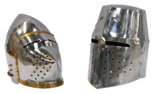 Two reproduction medieval steel helmets, comprising a Pigface Bascinet and a Great Helm helmet. (2)