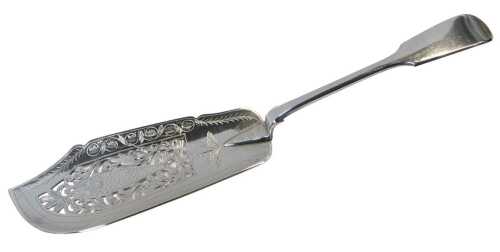 A Victorian silver Fiddle pattern fish slice, with pierced bright cut engraved fish and leaf...