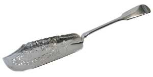 A Victorian silver Fiddle pattern fish slice, with pierced bright cut engraved fish and leaf...