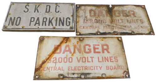 Two Central Electricity Board Danger signs, 132,000 Volt Lines, red lettering against a white...
