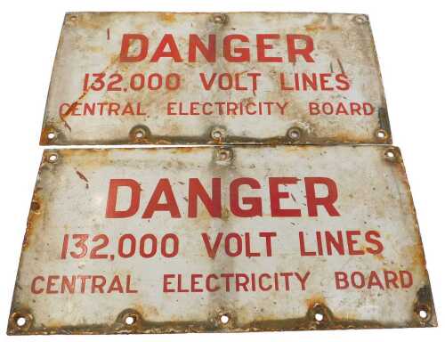 Two Central Electricity Board Danger signs, 132,000 Volt Lines, red lettering against a white...
