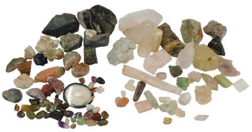 A group of rough cut and semi polished semi precious and other stones, to include quartz,...