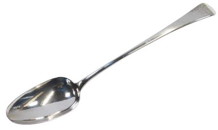 A George III silver Old English pattern basting spoon, monogram engraved, London 1799, 2.94oz.