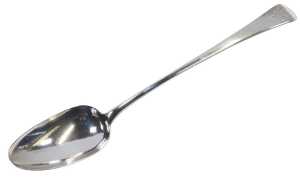 A George III silver Old English pattern basting spoon, monogram engraved, London 1799, 2.94oz.