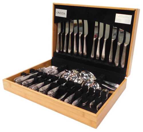 An Oneida stainless steel canteen of cutlery, containing sixty pieces for eight settings.