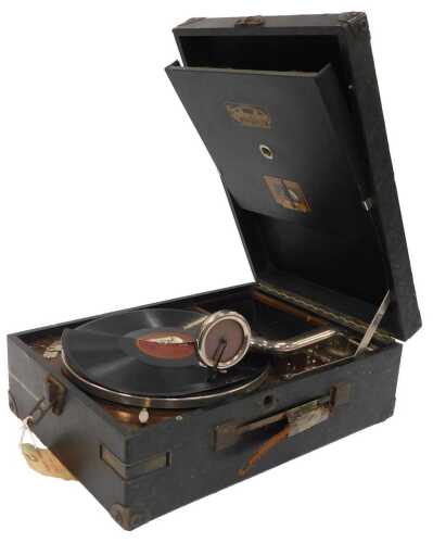 A His Master's Voice portable record player, bearing stamp 'Supplied by Doulton and Sons 11...