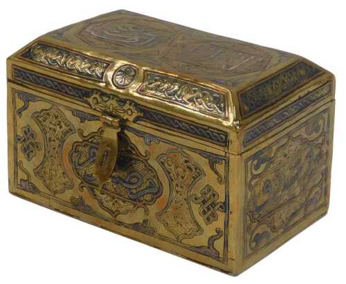 A late 19thC Middle Eastern Cairo brass and other metal casket, the body decorated with...
