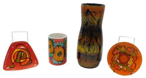 A group of Poole pottery, comprising an Aegean pattern vase, of waisted form, 31cm high, a...