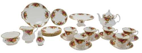 A group of Royal Albert porcelain Old Country Roses pattern teawares, comprising a teapot, milk...