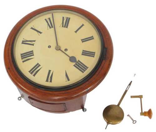 A 19thC mahogany cased double fusee wall clock, the circular dial bearing Roman numerals, with...
