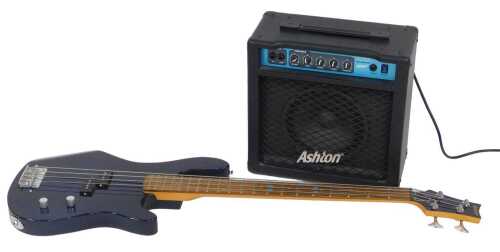 An Ashton electric bass guitar, in midnight blue, together with an Ashton BA15 bass amplifier.