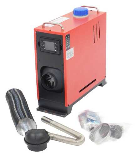 A Chinese diesel 12 volt portable air heater, with attachments, and an instruction manual.