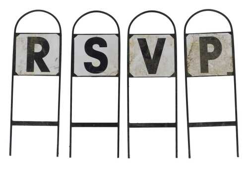 Four black painted metal dressage arena markers, comprising the letters S, V, R, and P, 69cm high.