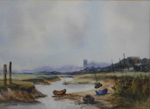 Lila Bradshaw (20thC School). Boats at low tide with a church in the background, watercolour,...