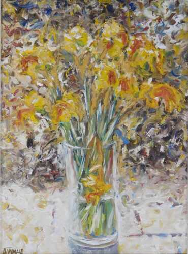 A Wallis (20thC School). Floral still life depicting daffodils in a vase, acrylic on board,...