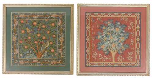 After William Morris. A framed tapestry depicting the Woodpecker pattern, and another depicting...