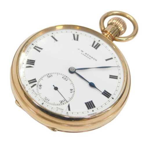 A 9ct gold JW Benson of London pocket watch, with a white enamel Roman numeric dial, seconds...