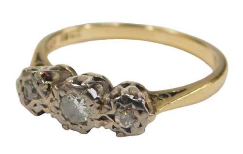 A diamond three-stone ring, with three brilliant cut diamonds ranging from 0.04-0.08ct, each in...