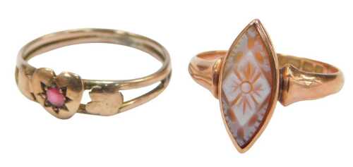 Two 9ct gold dress rings, comprising a rose gold and marquise-shaped carved sardonyx cameo of a...