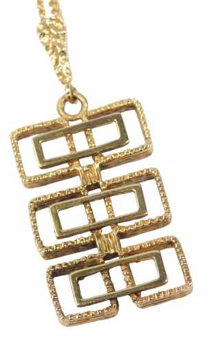 A 9ct gold abstract pendant, of three layered brushed design, 4cm high, on a flattened curb link...