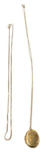 A locket and chain and a neck chain, comprising a 9ct gold box link neck chain, 34cm long, 3.3g,...