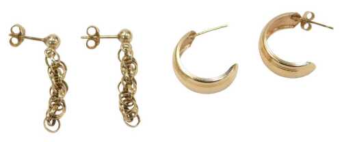 Two pairs of 9ct gold earrings, comprising chain drops, stamped 375, 3cm high, and a pair of...