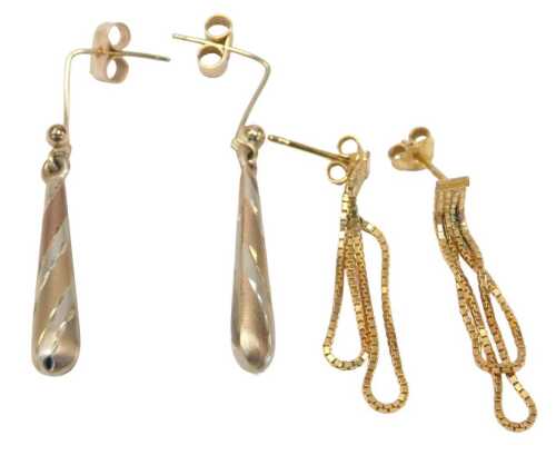 Two pairs of 9ct gold earrings, comprising a pair of box link hoop drops, 3cm high, and a pair...