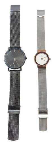 Two Skagen of Denmark lady's wristwatches, comprising one on stainless steel bracelet with rose...