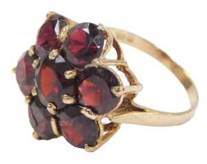 A 9ct gold garnet cluster ring, the raised shank set with seven round brilliant cut garnets, the...