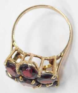 A 9ct gold garnet cluster ring, the raised shank set with seven round brilliant cut garnets, the... - 2