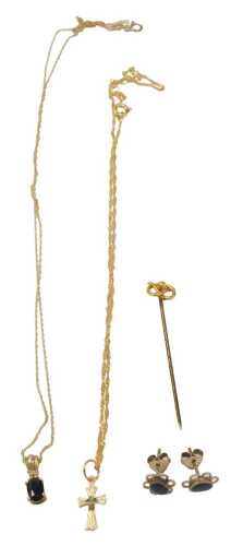 A group of jewellery, comprising a 9ct gold pendant and chain, the pendant set with a sapphire...