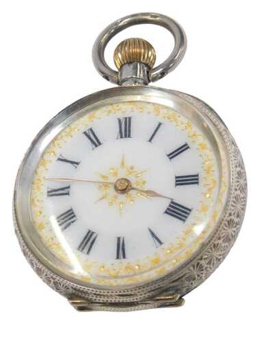 A 19thC lady's silver fob watch, the engraved case with flowers and a vacant cartouche, with a...