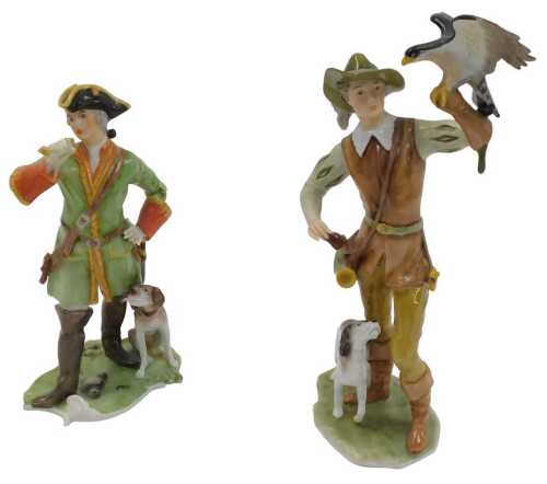 Two Kaiser porcelain figures, modelled as a falconer with a dog, 20cm high, and a hunting figure...