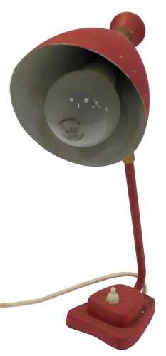 A mid 20thC desk lamp, in a textured red finish, on a two-stepped base with a button switch,...