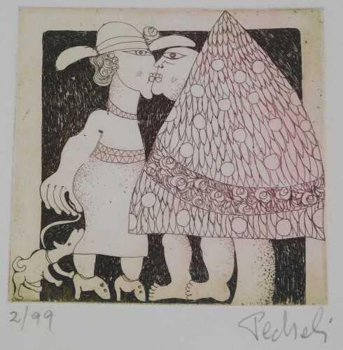 European School (20thC). An illicit encounter, etching, limited edition 2/99, signed Pechel,...