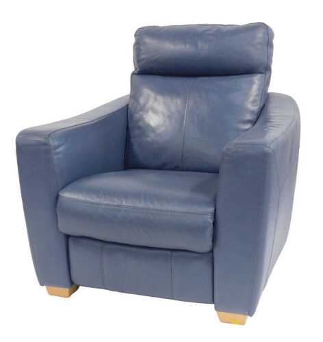 A contemporary blue leather electric reclining armchair, with power lead.