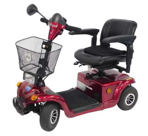 A Wheeltech Monami Vitesse mobility scooter, in metallic red trim, with key and charger.