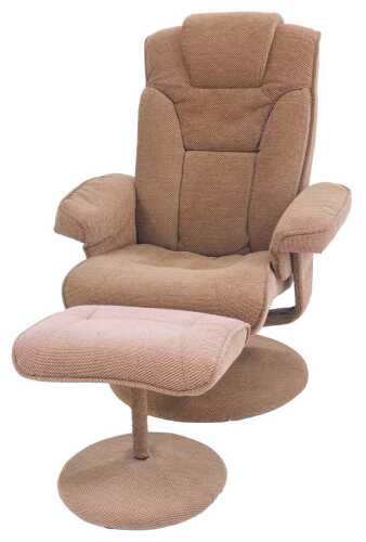 A Relaxateeze swivel armchair, and matching footstool, upholstered in brown coloured fabric.