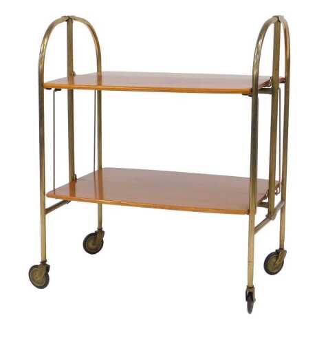 A mid 20thC teak folding two tier hostess trolley, on chrome supports, with castors, 81cm high,...