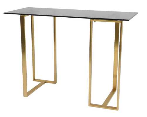 A contemporary side table, the rectangular black glass top raised on brushed brass end supports,...
