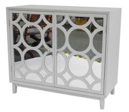 A contemporary pale blue grey two door cabinet, the glass fronted doors with roundel lattice...